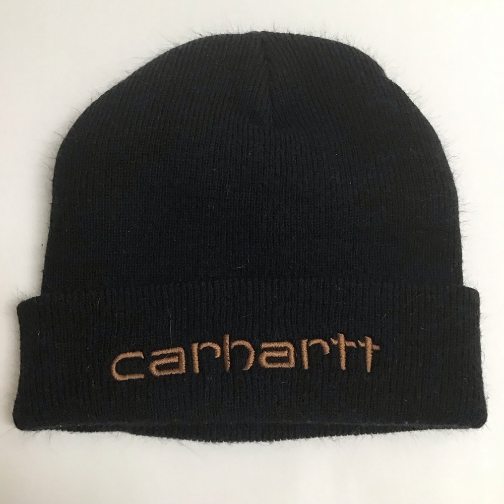 Carhartt Beanie Black Brown Embroidered Patch Logo Knit Cuffed Hat 3M Thinsulate - Picture 1 of 5